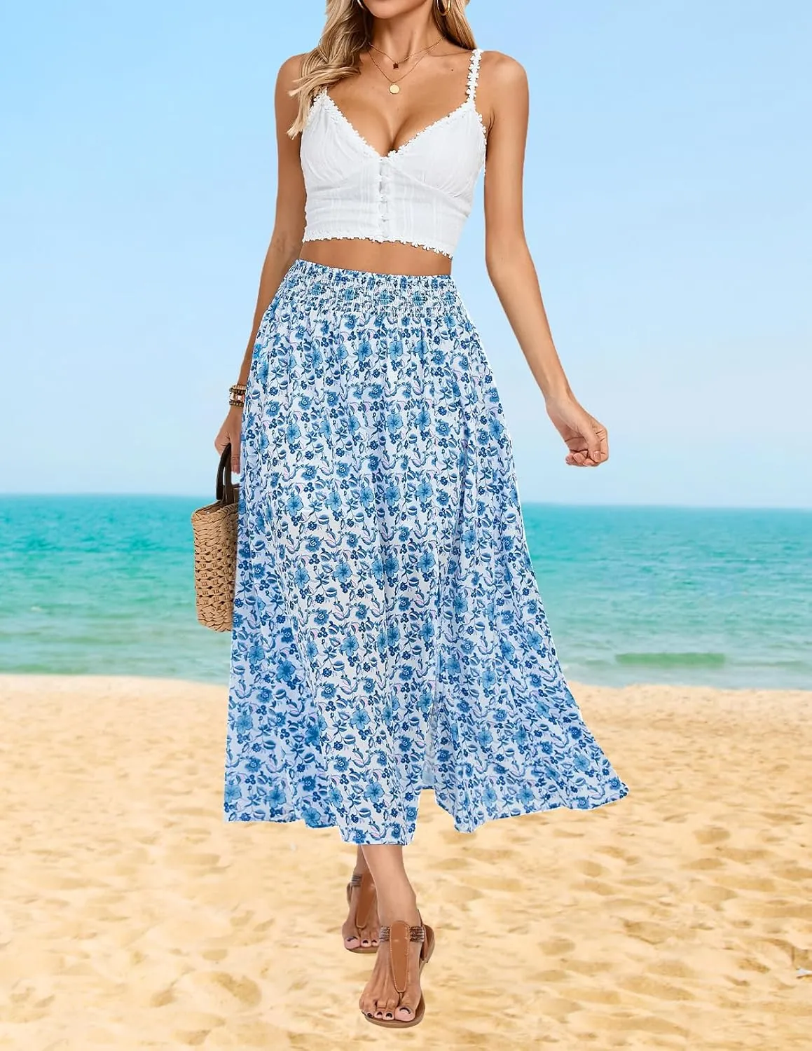 Kate Kasin Skirts for Women Smocked High Waisted Maxi Skirt Floral Boho A Line Beach Skirt with Slit 2025