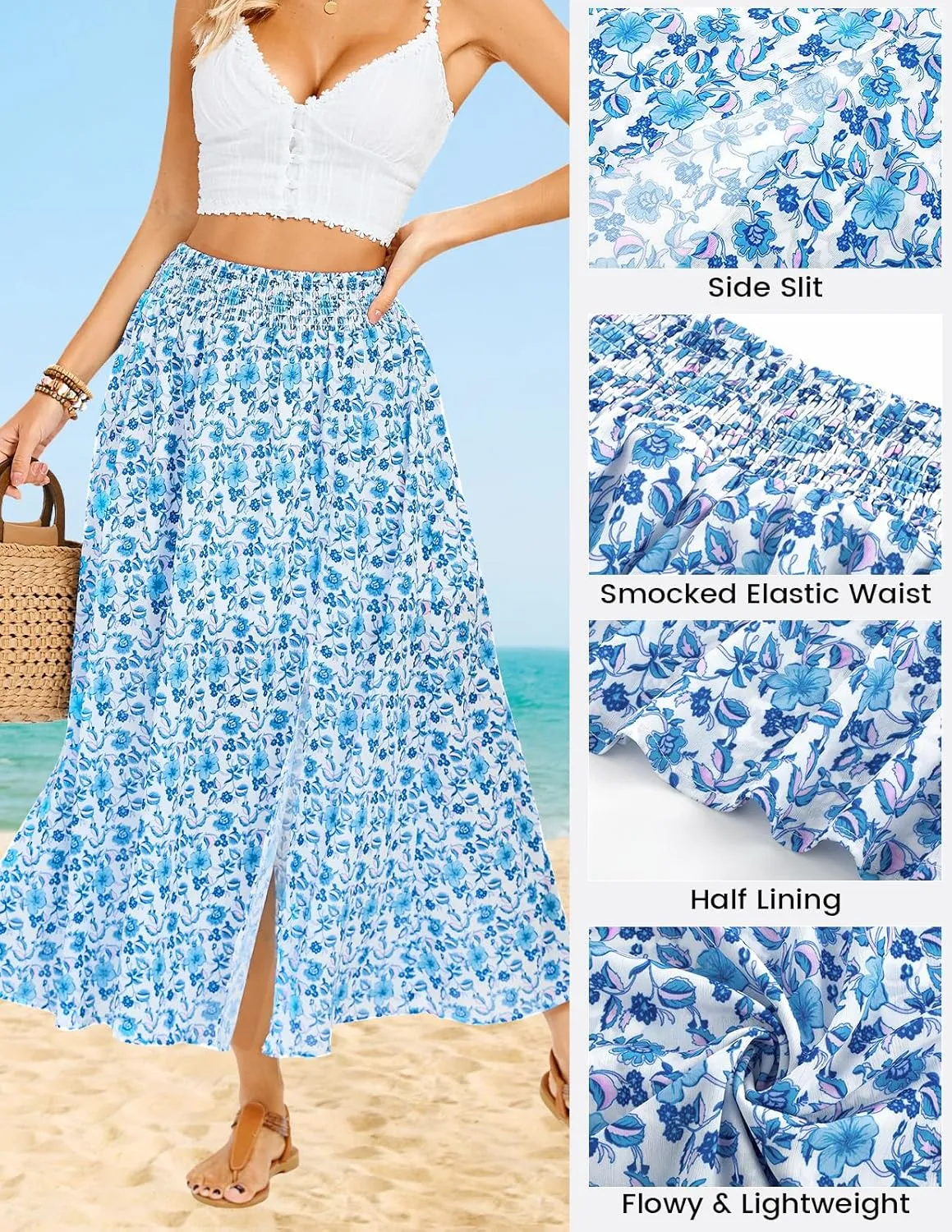 Kate Kasin Skirts for Women Smocked High Waisted Maxi Skirt Floral Boho A Line Beach Skirt with Slit 2025