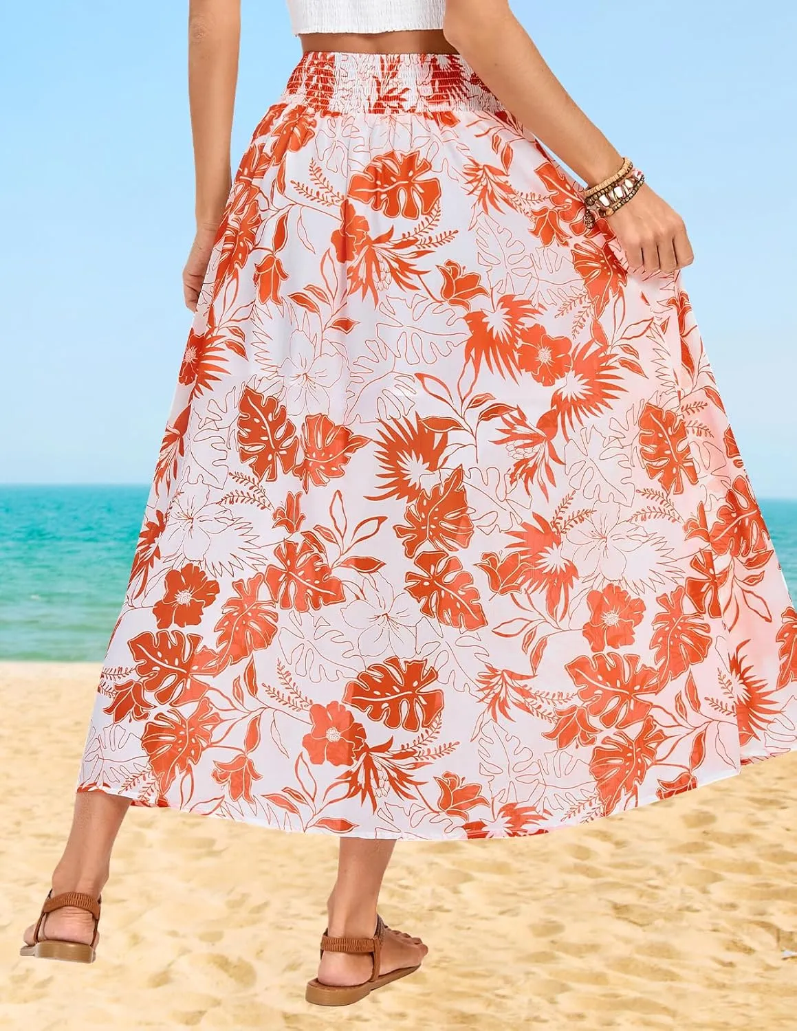 Kate Kasin Skirts for Women Smocked High Waisted Maxi Skirt Floral Boho A Line Beach Skirt with Slit 2025