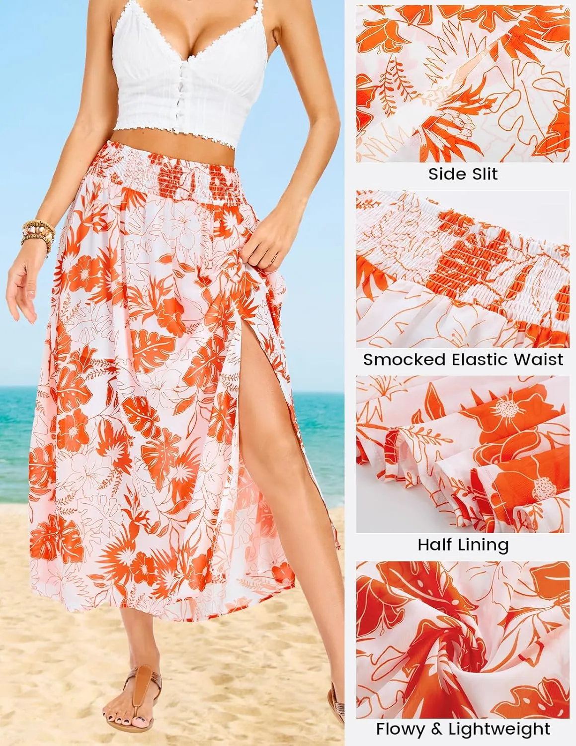 Kate Kasin Skirts for Women Smocked High Waisted Maxi Skirt Floral Boho A Line Beach Skirt with Slit 2025