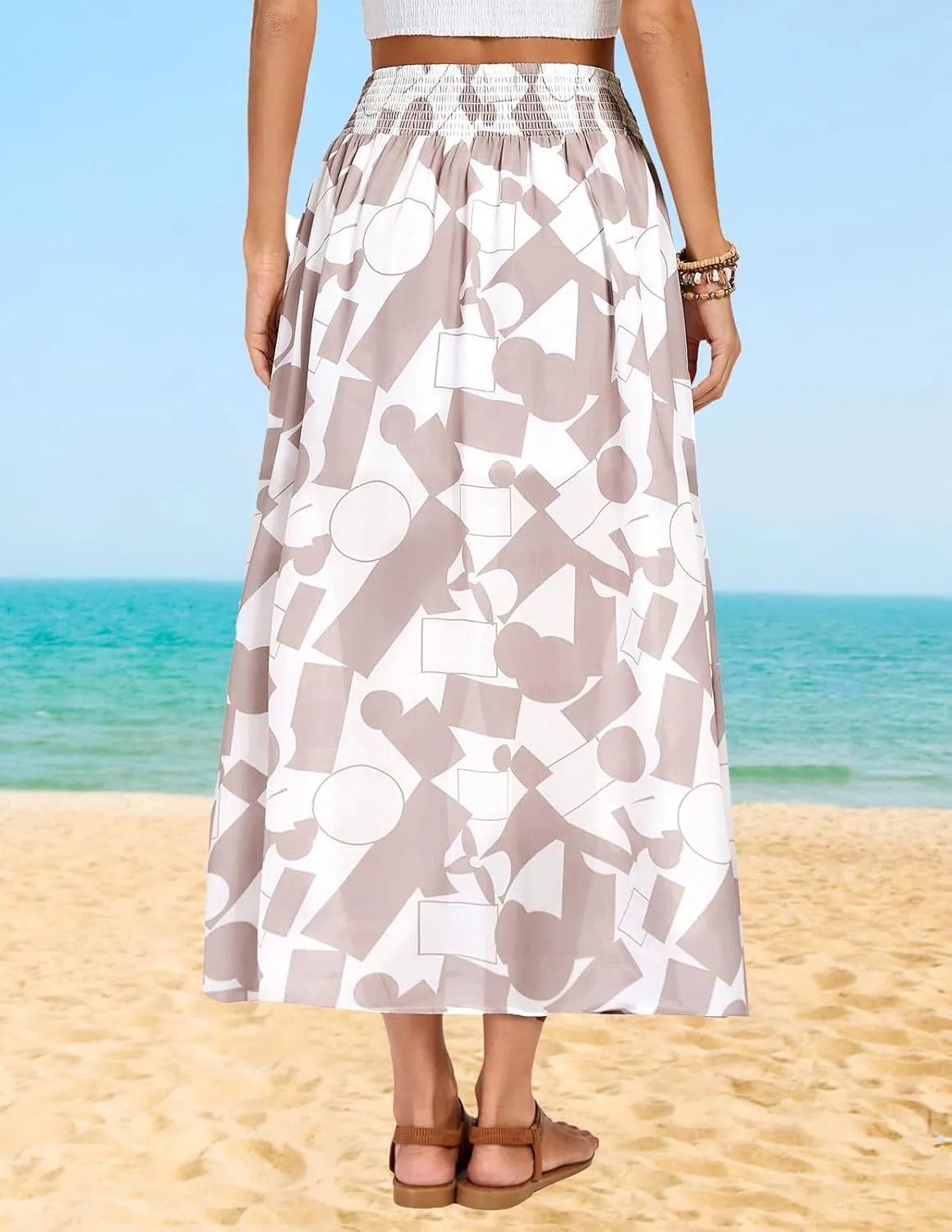 Kate Kasin Skirts for Women Smocked High Waisted Maxi Skirt Floral Boho A Line Beach Skirt with Slit 2025