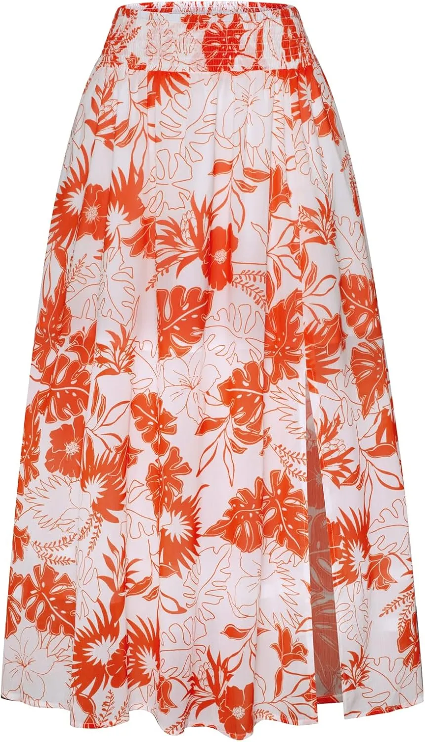 Kate Kasin Skirts for Women Smocked High Waisted Maxi Skirt Floral Boho A Line Beach Skirt with Slit 2025