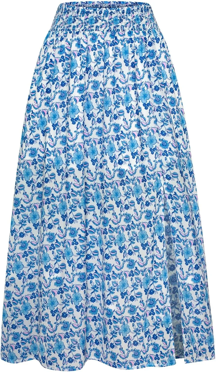 Kate Kasin Skirts for Women Smocked High Waisted Maxi Skirt Floral Boho A Line Beach Skirt with Slit 2025
