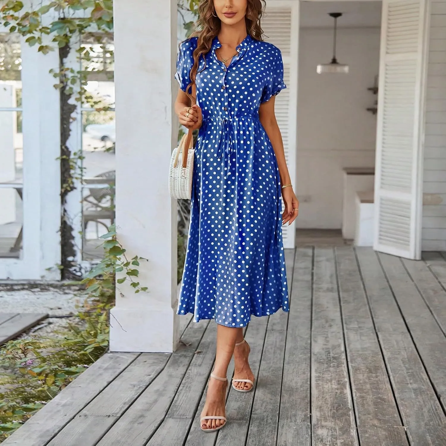Kenvina Women Button Front Drawstring High Waist Short Sleeve A Line Midi Dress Polka Dot Tie Waist Wrap Business Dress