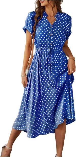 Kenvina Women Button Front Drawstring High Waist Short Sleeve A Line Midi Dress Polka Dot Tie Waist Wrap Business Dress