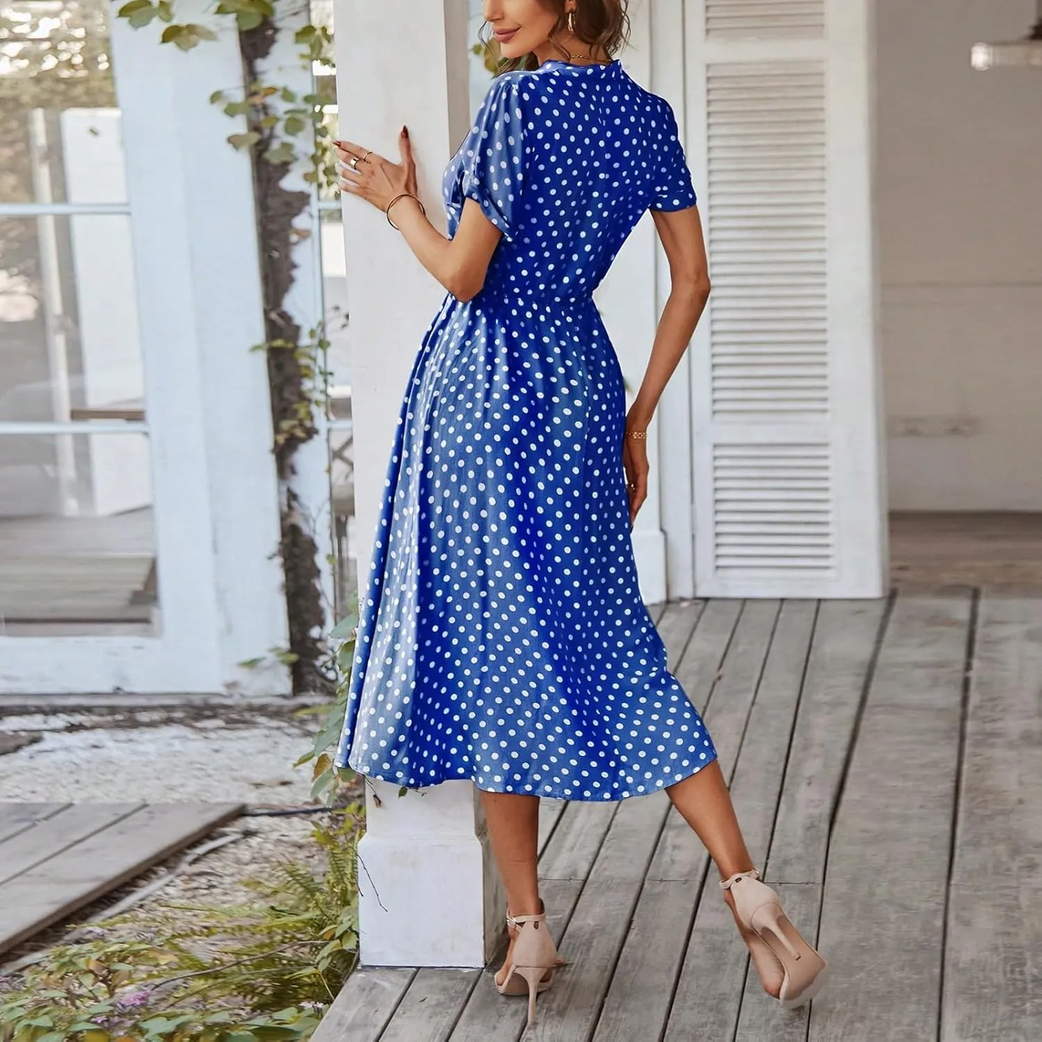 Kenvina Women Button Front Drawstring High Waist Short Sleeve A Line Midi Dress Polka Dot Tie Waist Wrap Business Dress