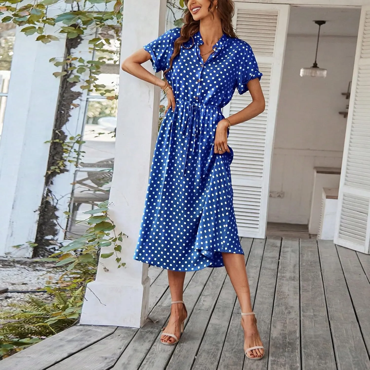 Kenvina Women Button Front Drawstring High Waist Short Sleeve A Line Midi Dress Polka Dot Tie Waist Wrap Business Dress