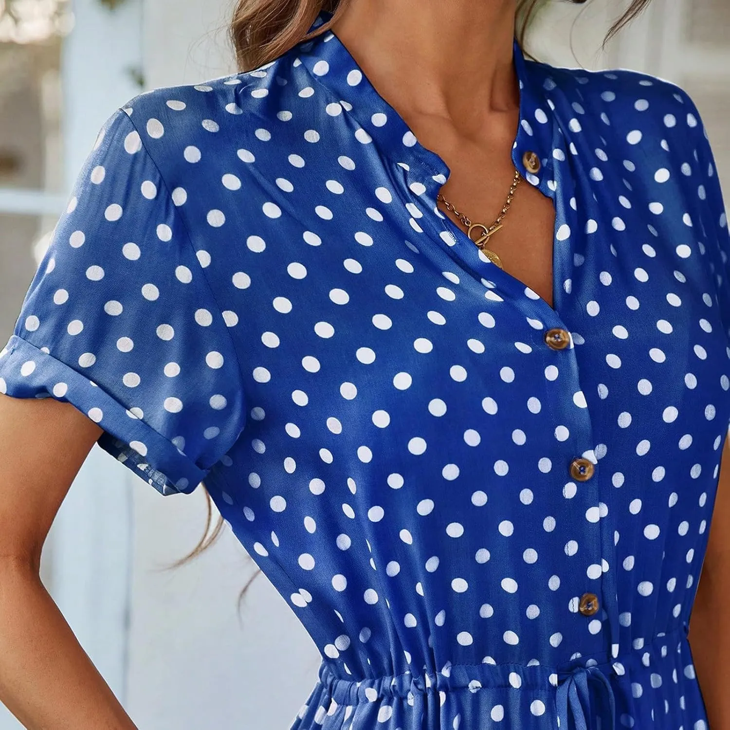 Kenvina Women Button Front Drawstring High Waist Short Sleeve A Line Midi Dress Polka Dot Tie Waist Wrap Business Dress