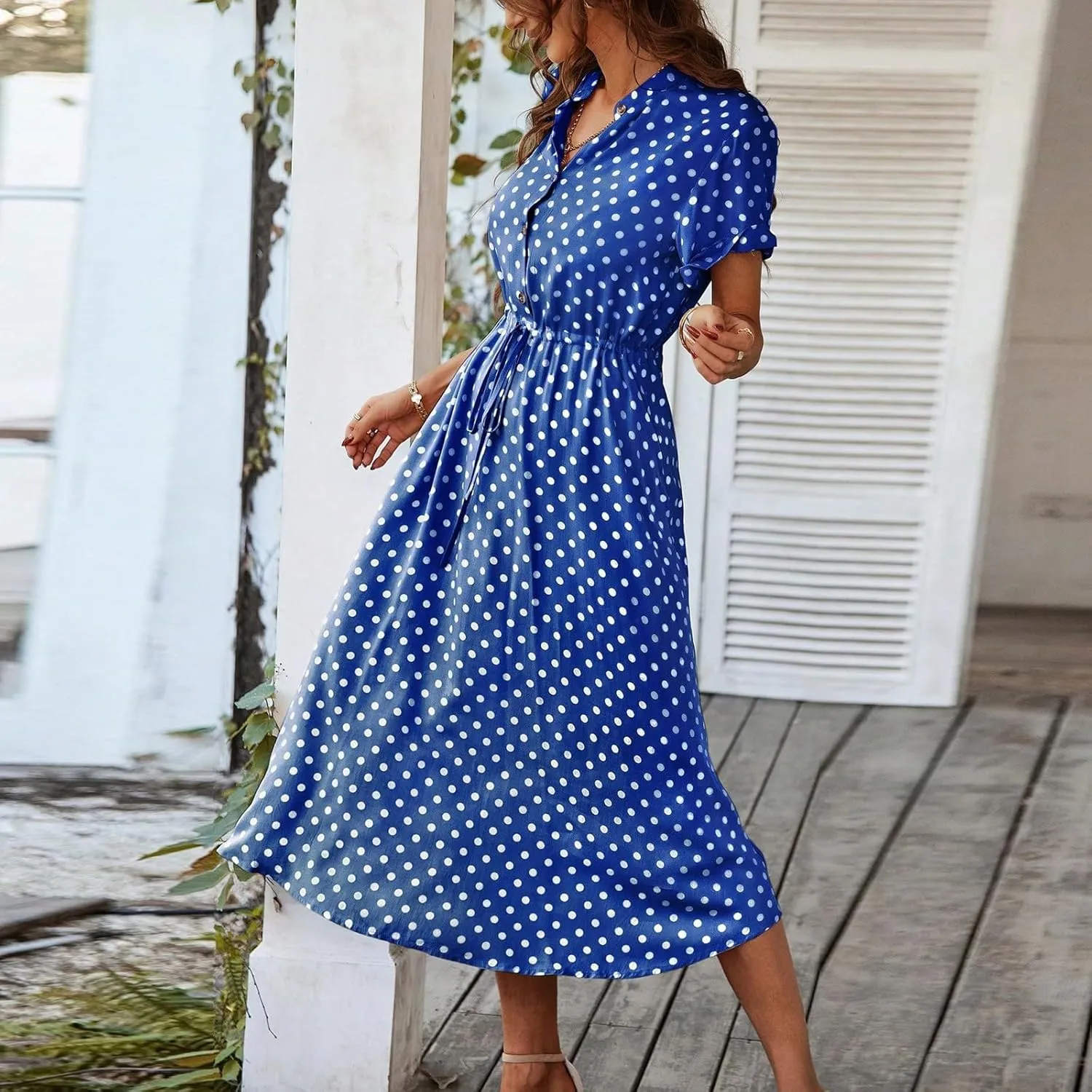 Kenvina Women Button Front Drawstring High Waist Short Sleeve A Line Midi Dress Polka Dot Tie Waist Wrap Business Dress