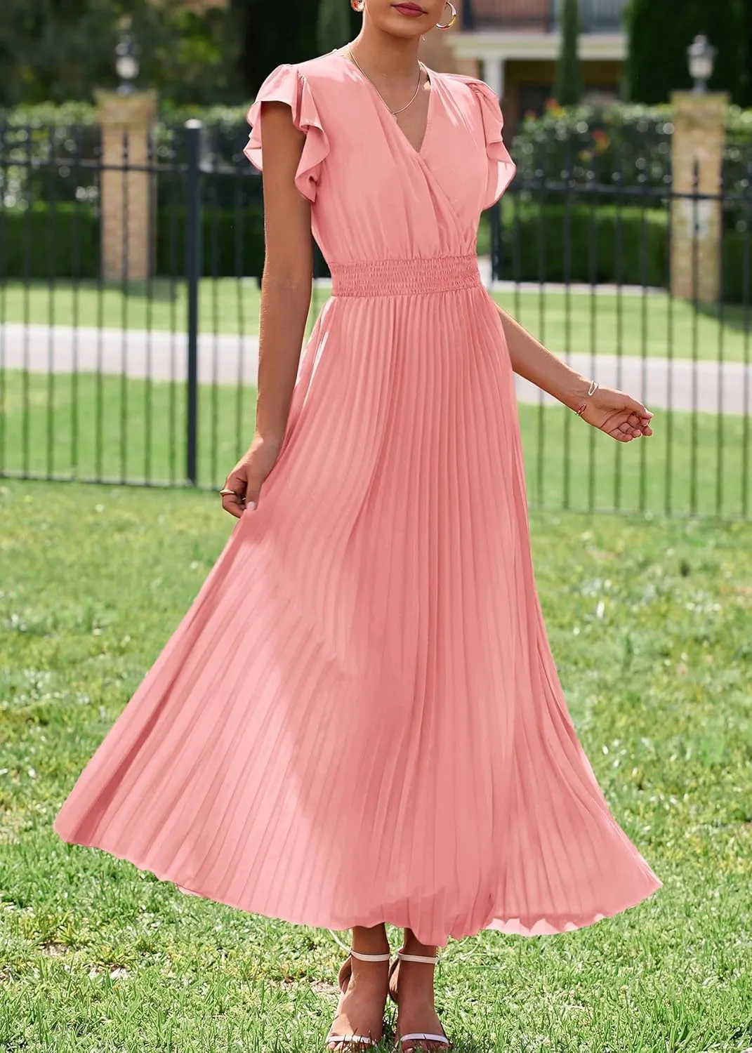 KIRUNDO Women's Summer Maxi Dresses Elegant V Neck Ruffle Flutter Sleeves Empire Waist Pleated Flowy Wedding Guest Dress