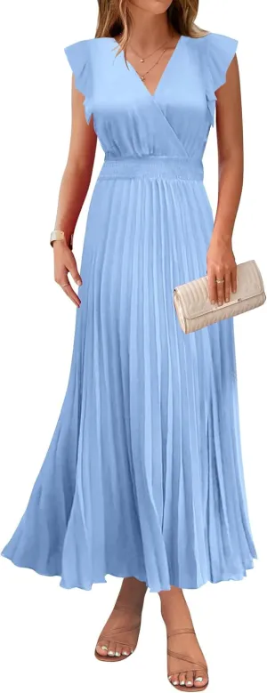 KIRUNDO Women's Summer Maxi Dresses Elegant V Neck Ruffle Flutter Sleeves Empire Waist Pleated Flowy Wedding Guest Dress