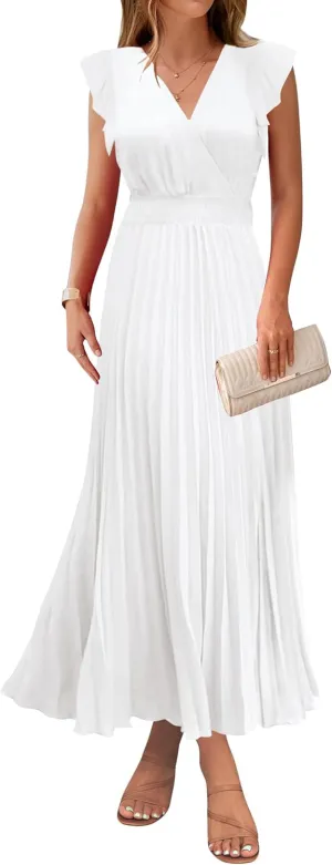 KIRUNDO Women's Summer Maxi Dresses Elegant V Neck Ruffle Flutter Sleeves Empire Waist Pleated Flowy Wedding Guest Dress