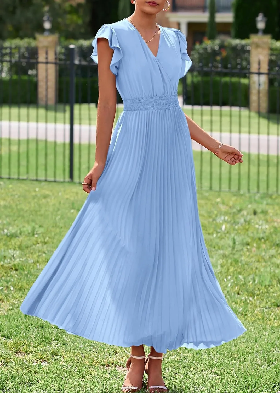 KIRUNDO Women's Summer Maxi Dresses Elegant V Neck Ruffle Flutter Sleeves Empire Waist Pleated Flowy Wedding Guest Dress