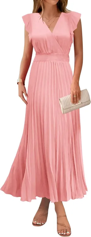 KIRUNDO Women's Summer Maxi Dresses Elegant V Neck Ruffle Flutter Sleeves Empire Waist Pleated Flowy Wedding Guest Dress