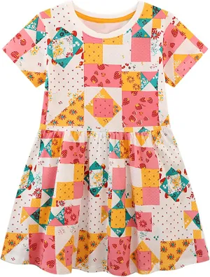 KISSOURBABY Little Girls Soft Summer Cotton Short Sleeve Dresses T-Shirt Casual Cartoon Dress