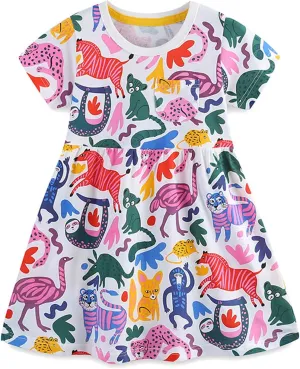 KISSOURBABY Little Girls Soft Summer Cotton Short Sleeve Dresses T-Shirt Casual Cartoon Dress