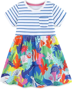 KISSOURBABY Little Girls Soft Summer Cotton Short Sleeve Dresses T-Shirt Casual Cartoon Dress