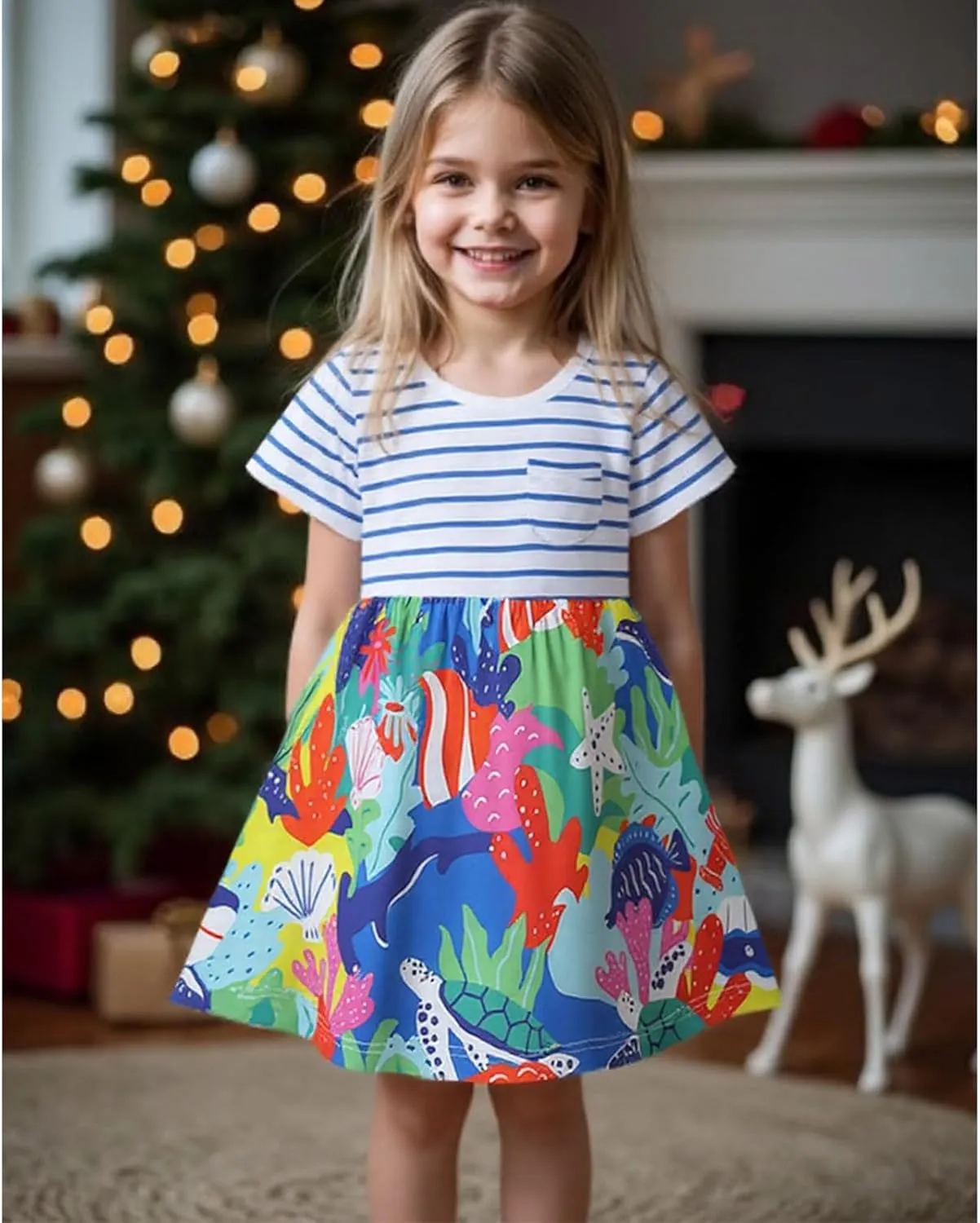 KISSOURBABY Little Girls Soft Summer Cotton Short Sleeve Dresses T-Shirt Casual Cartoon Dress