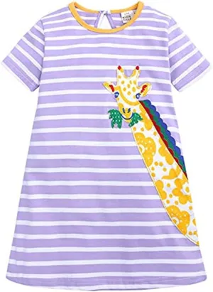 KISSOURBABY Little Girls Soft Summer Cotton Short Sleeve Dresses T-Shirt Casual Cartoon Dress