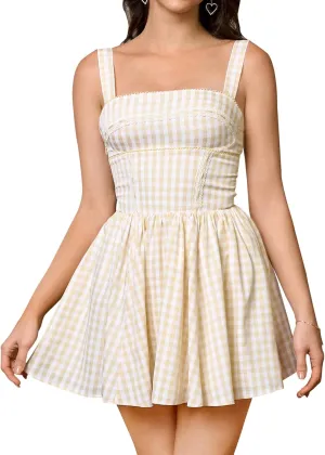 KUTUMAI Summer Gingham Mini Dress Corset Square Neck Lace Up Casual Sundress Flowy A Line Short Dresses for Women 2025