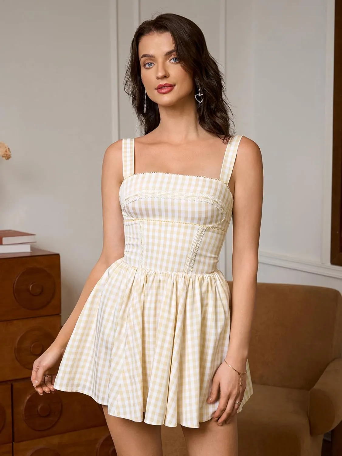 KUTUMAI Summer Gingham Mini Dress Corset Square Neck Lace Up Casual Sundress Flowy A Line Short Dresses for Women 2025