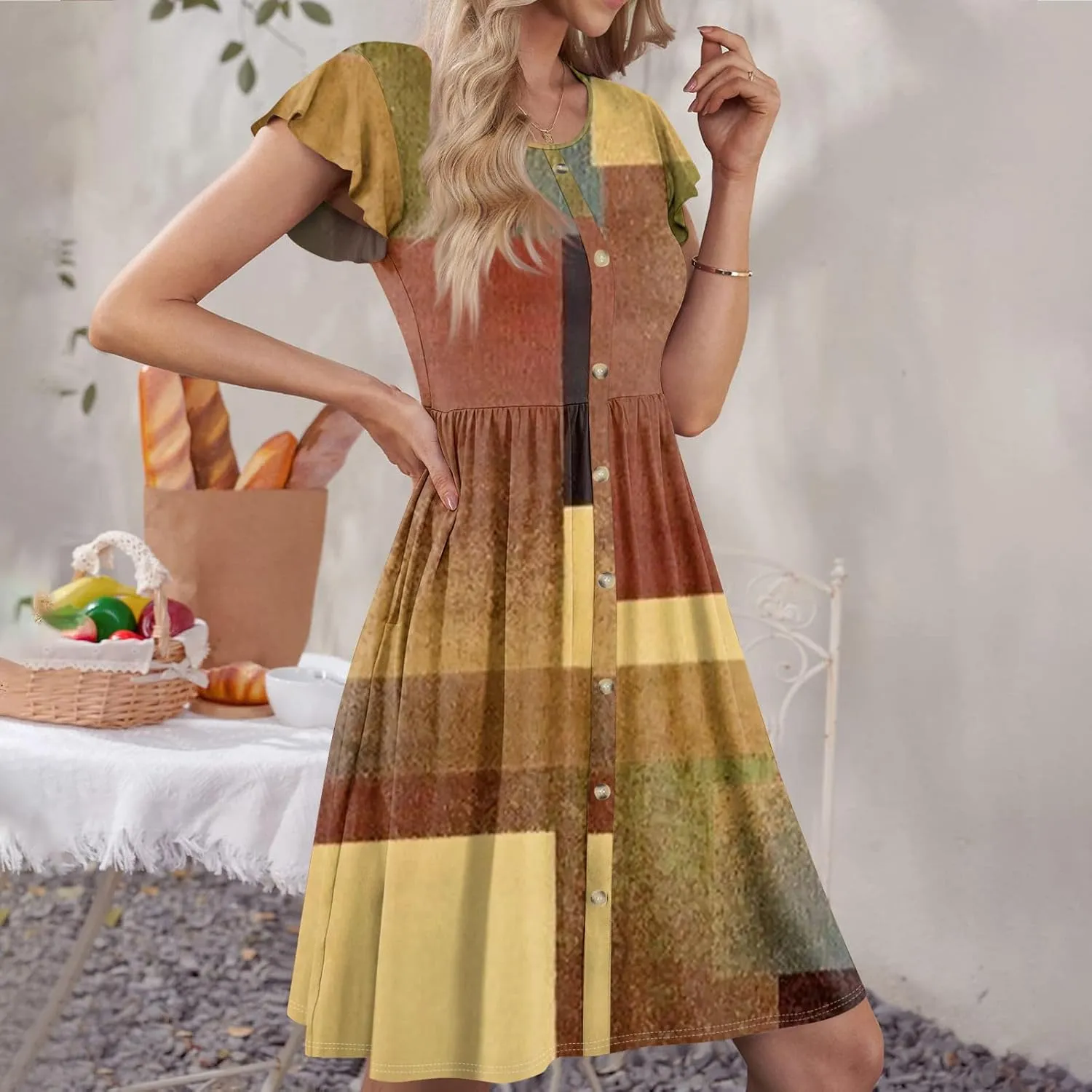 Ladies Daily Round Neck Dress Fly Sleeve Casual Printed 2025 Fashion Button Pocket Sexy Midi Loose Fit Party Dresses