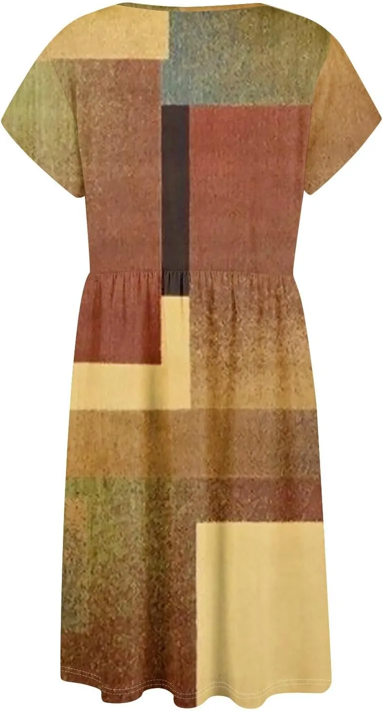 Ladies Daily Round Neck Dress Fly Sleeve Casual Printed 2025 Fashion Button Pocket Sexy Midi Loose Fit Party Dresses