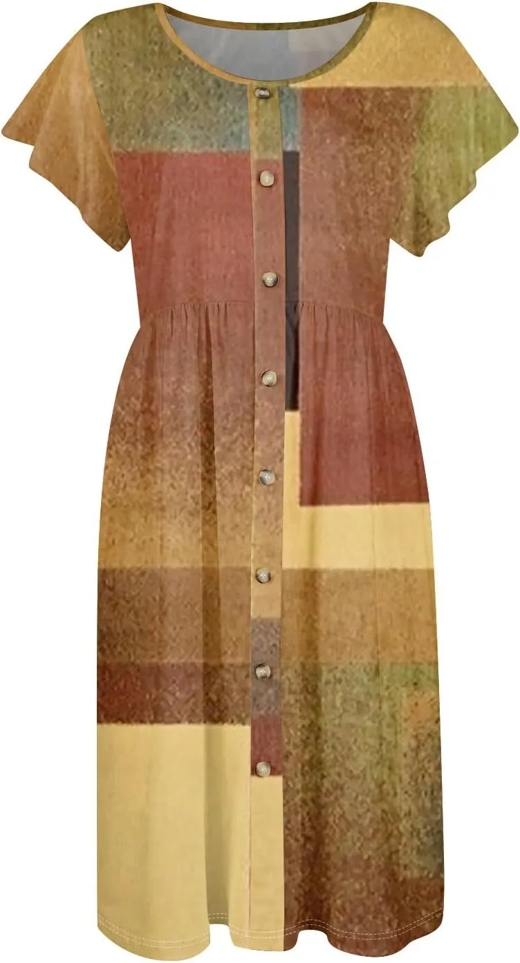 Ladies Daily Round Neck Dress Fly Sleeve Casual Printed 2025 Fashion Button Pocket Sexy Midi Loose Fit Party Dresses