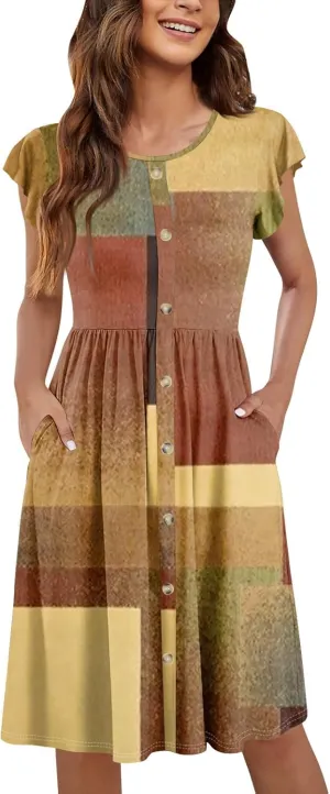 Ladies Daily Round Neck Dress Fly Sleeve Casual Printed 2025 Fashion Button Pocket Sexy Midi Loose Fit Party Dresses