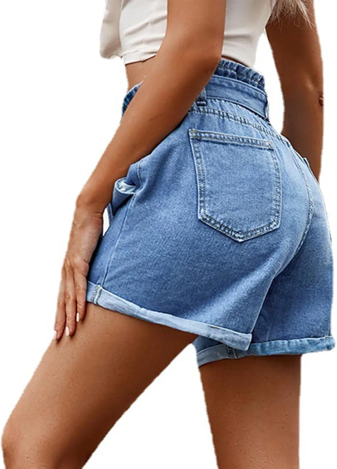LEMONONSTORE Fashion 2025 Paper Bag Denim Shorts for Women Loose Summer Folded Hem Jean Shorts Bow-Tie Waisted Shorts Pant