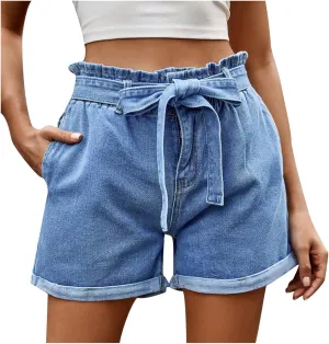 LEMONONSTORE Fashion 2025 Paper Bag Denim Shorts for Women Loose Summer Folded Hem Jean Shorts Bow-Tie Waisted Shorts Pant