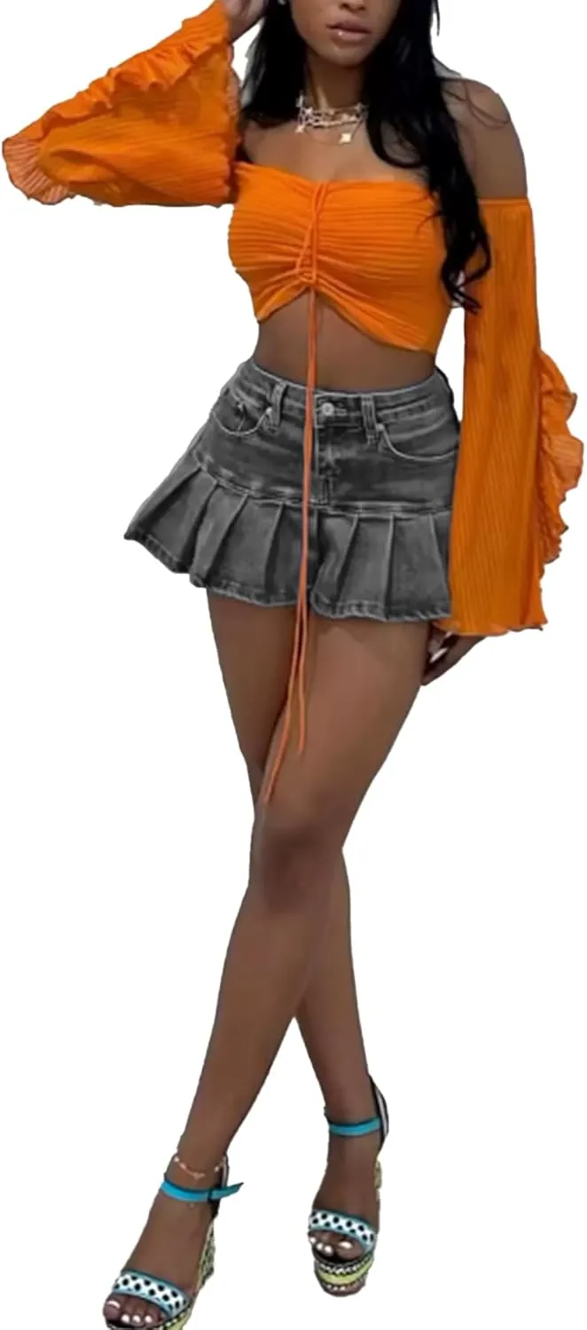 LETSVDO Denim Skirt Women Mini Pleated High Waisted Ruffle A Line Flare Jean Short Skirts