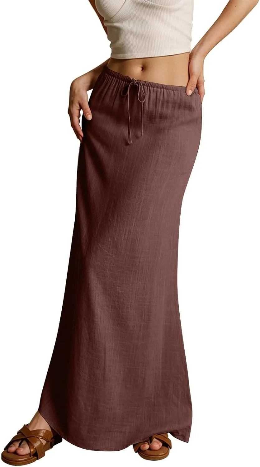 Linen Flared Maxi Skirt Elastic High Waist Drawstring Skirts Dressy Casual Flowy Ankle-Length Skirts with Back Slit