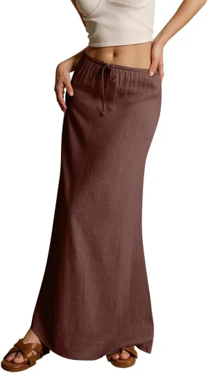 Linen Flared Maxi Skirt Elastic High Waist Drawstring Skirts Dressy Casual Flowy Ankle-Length Skirts with Back Slit