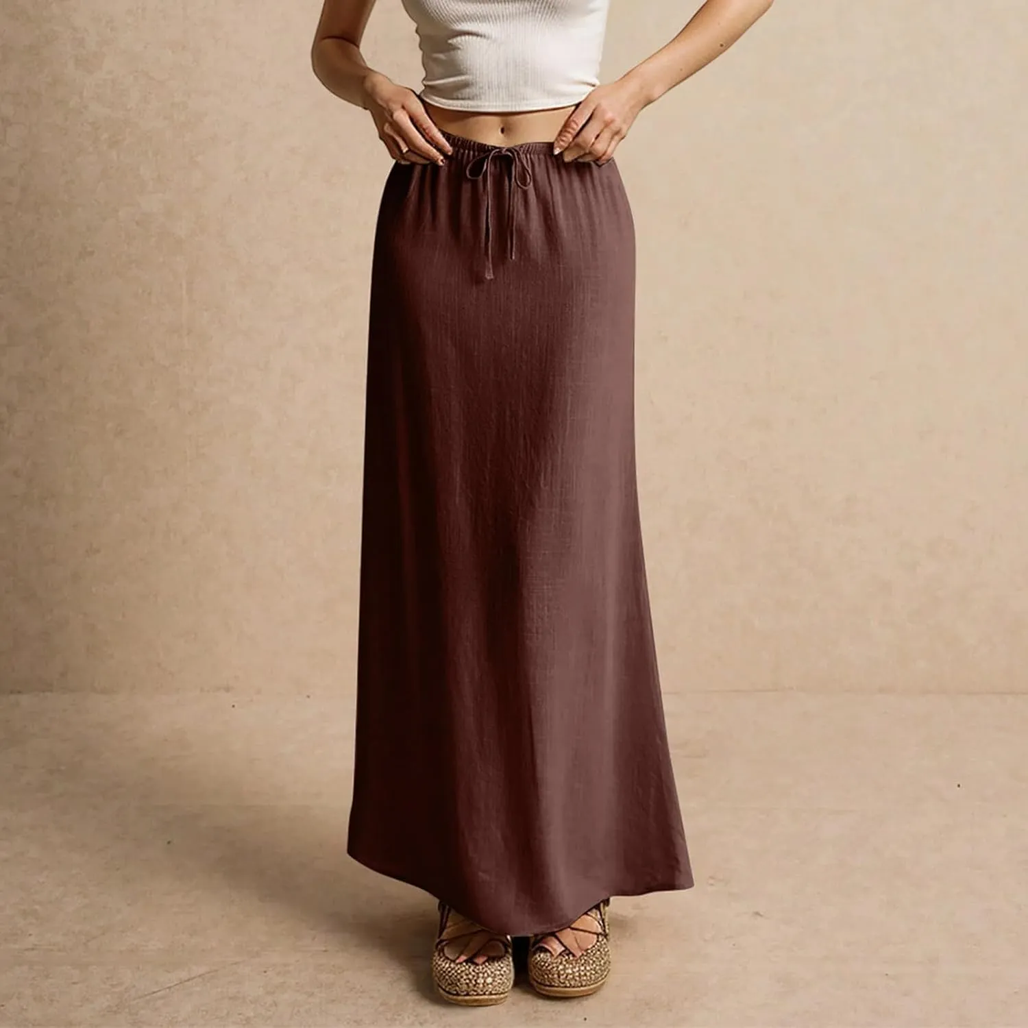 Linen Flared Maxi Skirt Elastic High Waist Drawstring Skirts Dressy Casual Flowy Ankle-Length Skirts with Back Slit