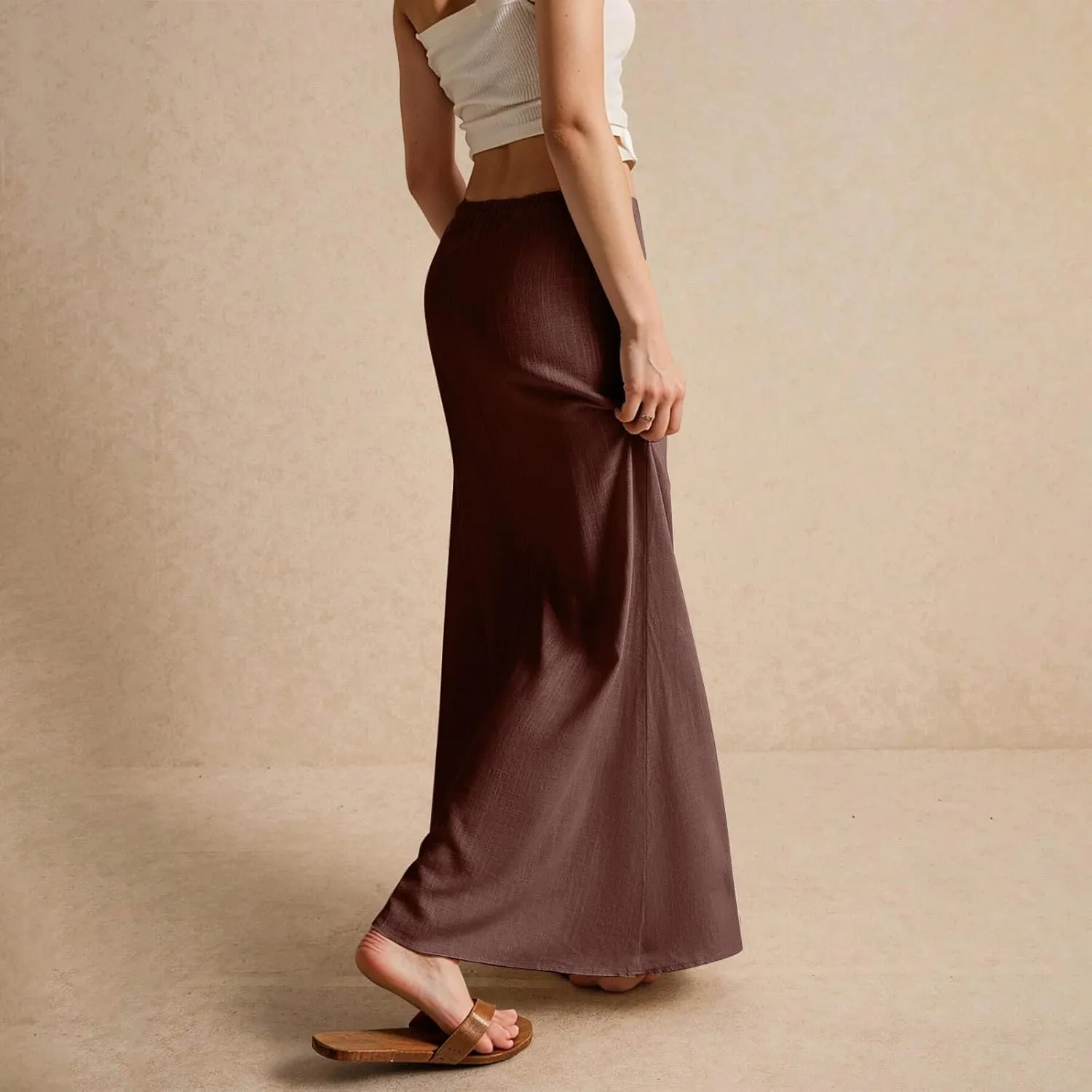 Linen Flared Maxi Skirt Elastic High Waist Drawstring Skirts Dressy Casual Flowy Ankle-Length Skirts with Back Slit