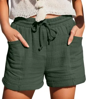 Linen Shorts for Women Elastic Waist Drawstring Shorts Summer Casual Lightweight Lounge Beach Shorts with Pockets
