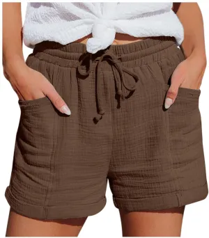 Linen Shorts for Women Elastic Waist Drawstring Shorts Summer Casual Lightweight Lounge Beach Shorts with Pockets