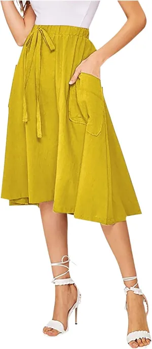 Long Skirts for Women Below Knee Length Casual Elastic Tie Waist Flowy A Line High Low Midi Skirt Dress with Pockets