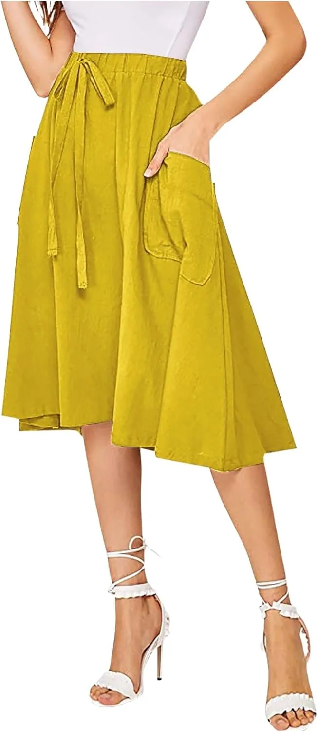Long Skirts for Women Below Knee Length Casual Elastic Tie Waist Flowy A Line High Low Midi Skirt Dress with Pockets