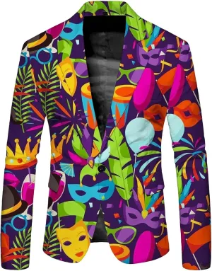 Mardi Gras Blazer for Men Stylish 3D Print Shawl Lapel Slim Fit Jacket Long Sleeve Coat Outwear for Party Dinner Festival