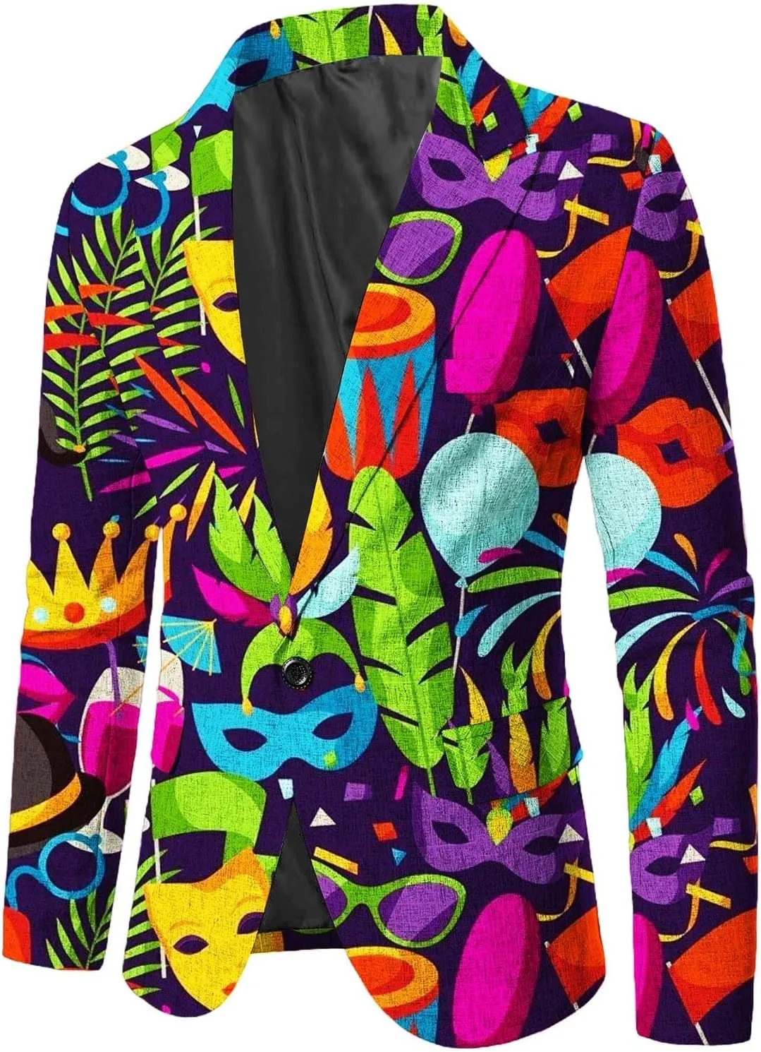 Mardi Gras Blazer for Men Stylish 3D Print Shawl Lapel Slim Fit Jacket Long Sleeve Coat Outwear for Party Dinner Festival