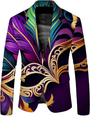 Mardi Gras Blazer for Men Stylish 3D Print Shawl Lapel Slim Fit Jacket Long Sleeve Coat Outwear for Party Dinner Festival
