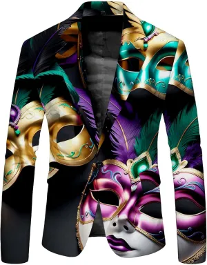 Mardi Gras Blazer for Men Stylish 3D Print Shawl Lapel Slim Fit Jacket Long Sleeve Coat Outwear for Party Dinner Festival