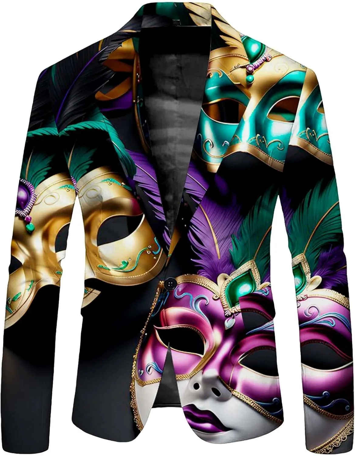 Mardi Gras Blazer for Men Stylish 3D Print Shawl Lapel Slim Fit Jacket Long Sleeve Coat Outwear for Party Dinner Festival