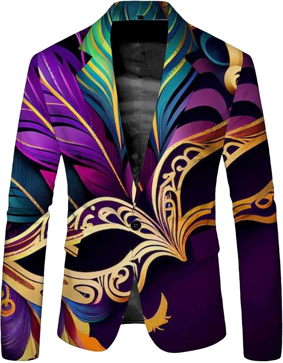 Mardi Gras Blazer for Men Stylish 3D Print Shawl Lapel Slim Fit Jacket Long Sleeve Coat Outwear for Party Dinner Festival