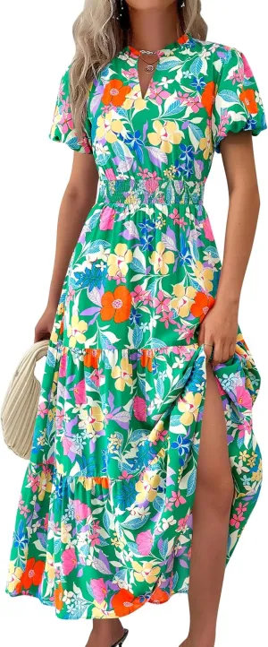 MASCOMODA Summer Maxi Dresses for Women 2025 Casual V Neck Puff Short Sleeve Smocked Flowy Beach Boho Long Floral Dress