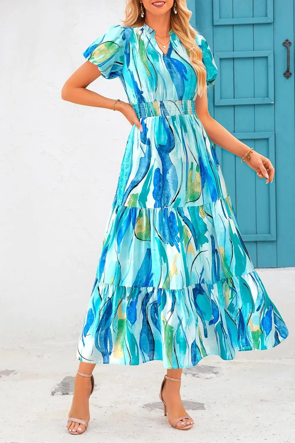 MASCOMODA Summer Maxi Dresses for Women 2025 Casual V Neck Puff Short Sleeve Smocked Flowy Beach Boho Long Floral Dress