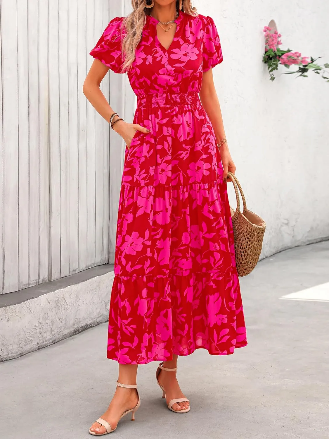 MASCOMODA Summer Maxi Dresses for Women 2025 Casual V Neck Puff Short Sleeve Smocked Flowy Beach Boho Long Floral Dress