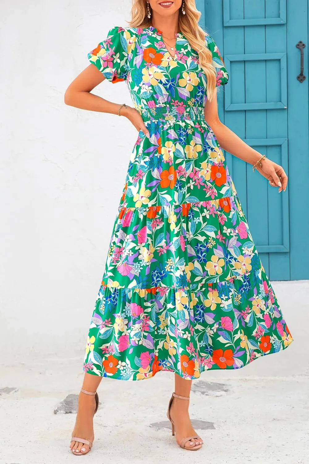 MASCOMODA Summer Maxi Dresses for Women 2025 Casual V Neck Puff Short Sleeve Smocked Flowy Beach Boho Long Floral Dress